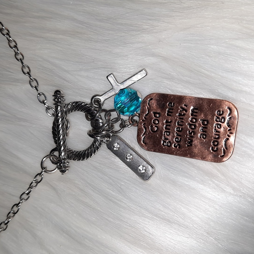Serenity prayer multi-charm silvertone necklace with toggle close gift two tone